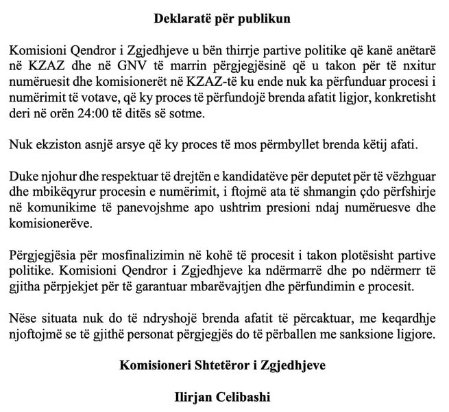 Numërimi i votave/ Celibashi thirrje partive politike: Nxisni