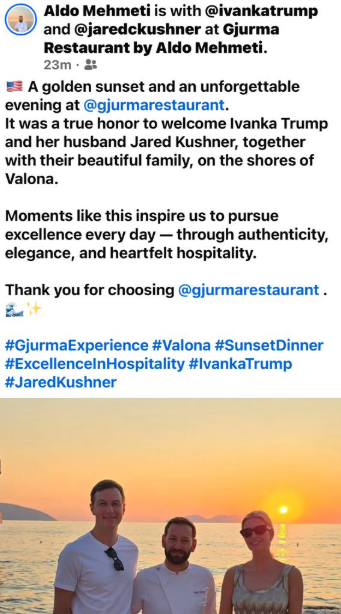 FOTO/ Pushime dhe biznes, Ivanka Trump dhe Jared Kushner rikthehen në