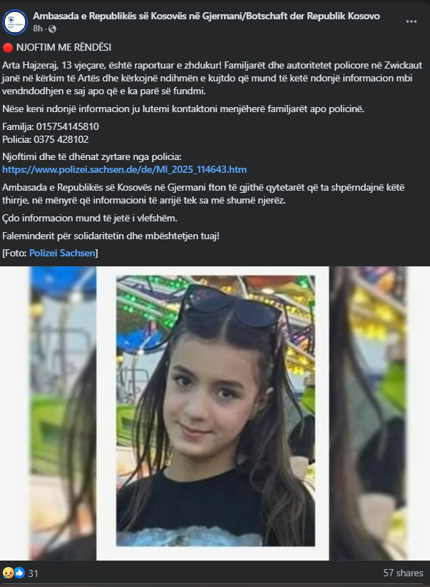 FOTO+EMRI/ Zhduket 13-vjeçarja, ambasada e Kosovës në Gjermani: