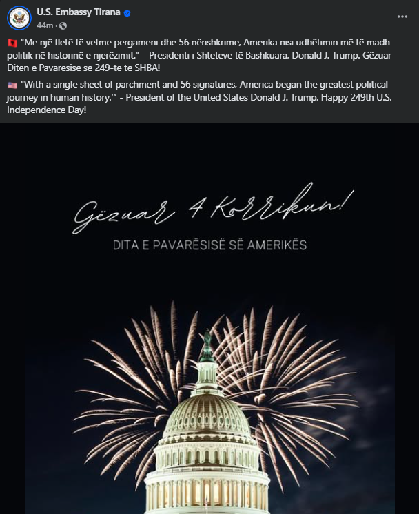 "Gëzuar Ditën e Pavarësisë," ambasada amerikane: