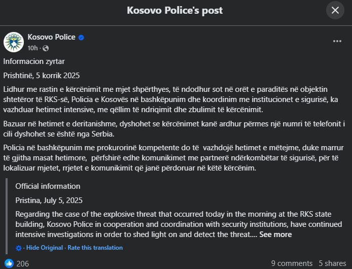 Alarmi për bombë në Kuvendin e Kosovës, policia: Dyshohet se