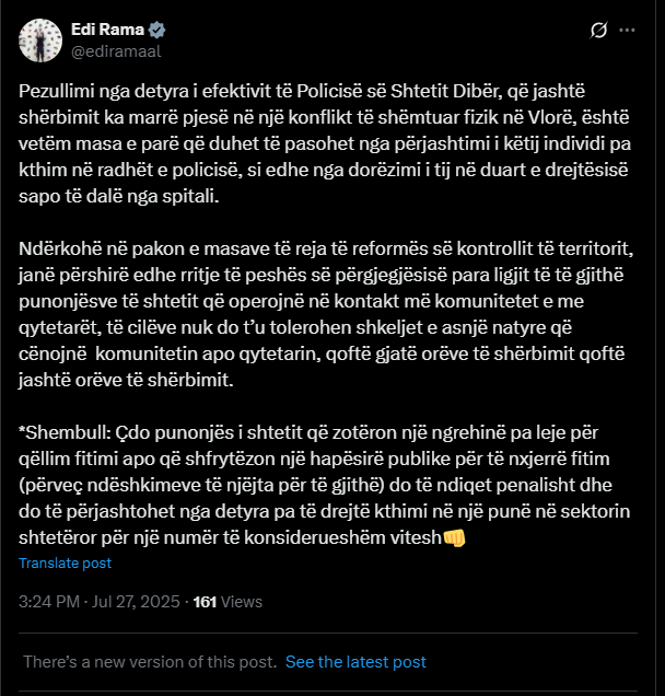 Kamarieri u dhunua nga oficeri, Rama: Të përjashtohet pa kthim në