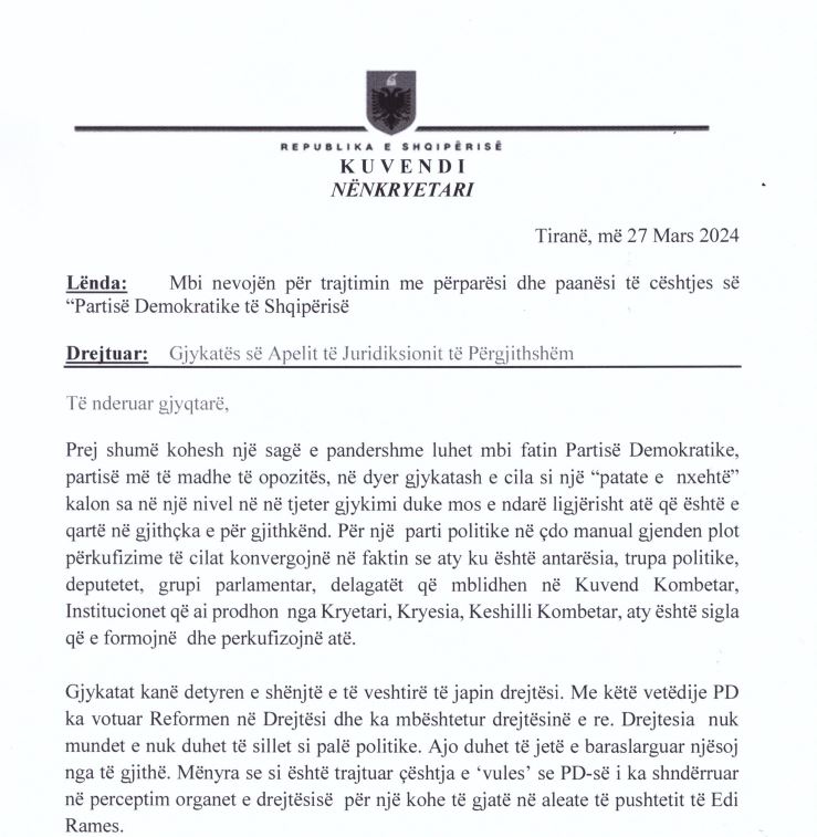 Gjekmarkaj letër Gjykatës së Apelit: Kthejini legalitetin