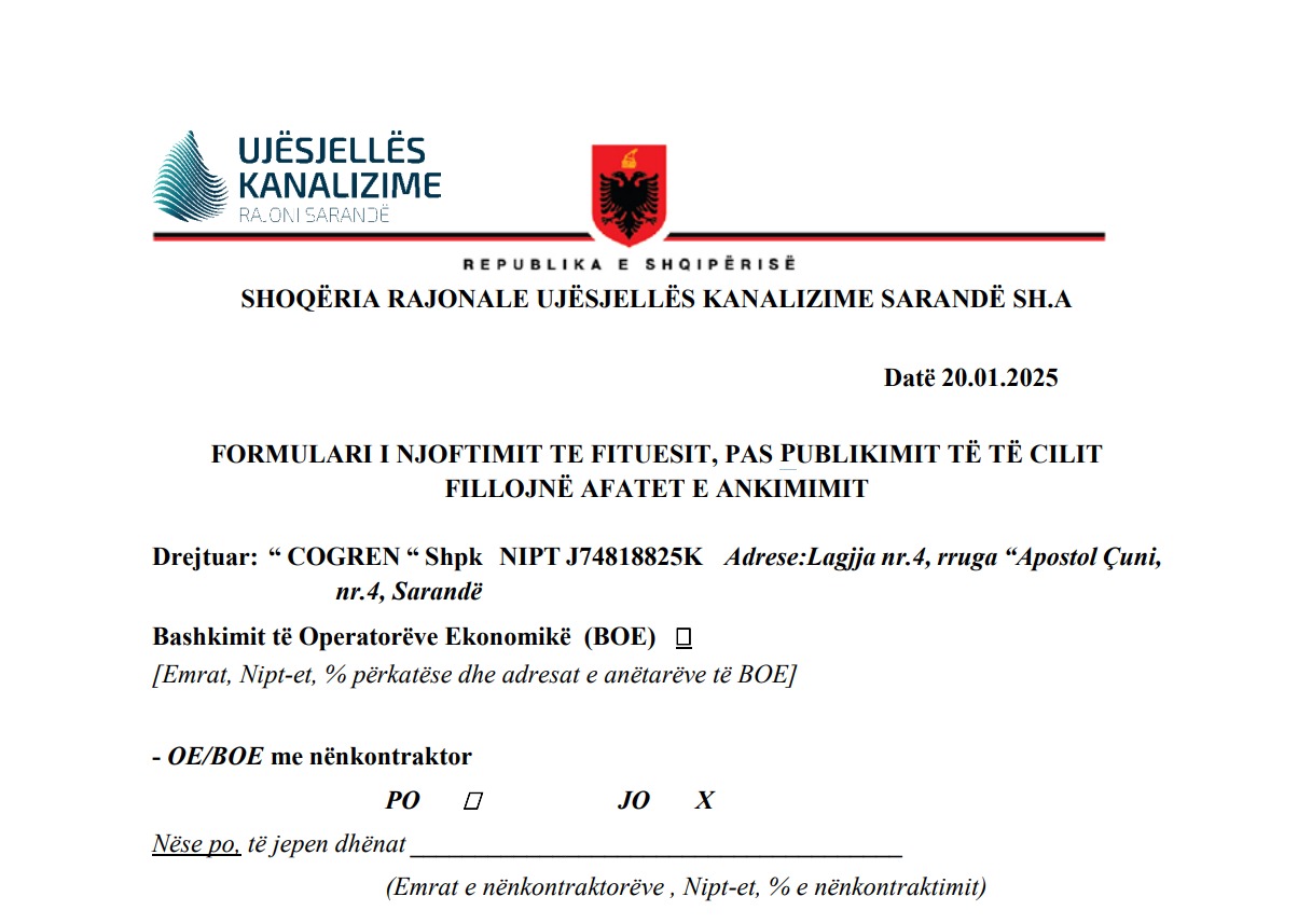 Skualifikohet 1 vit nga tenderët “Cogren”, firma e preferuar e