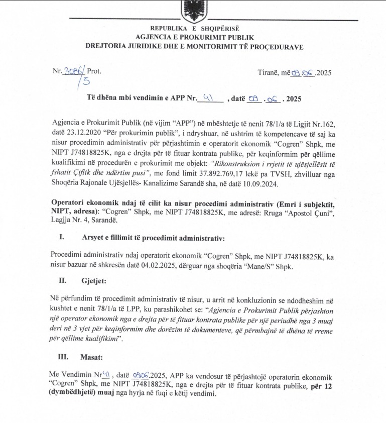 Skualifikohet 1 vit nga tenderët “Cogren”, firma e preferuar e