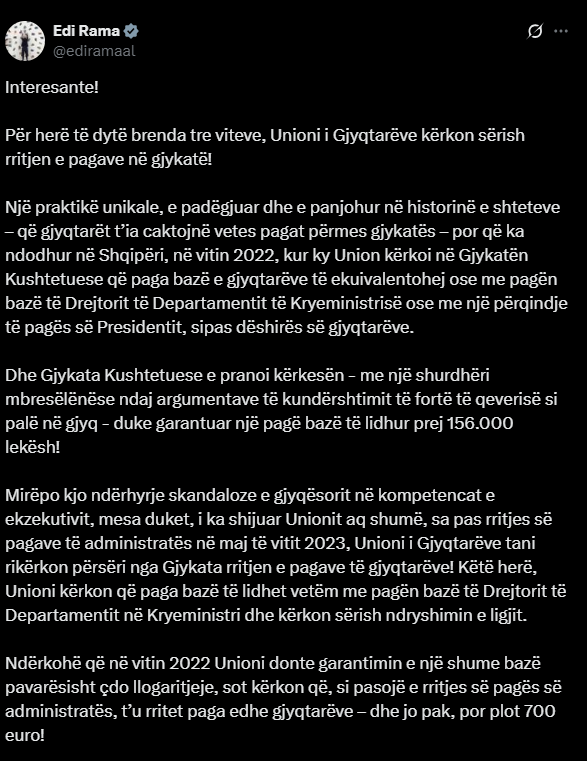 Gjyqtarët kërkojnë sërish rritje PAGASH me 700 euro, Rama: